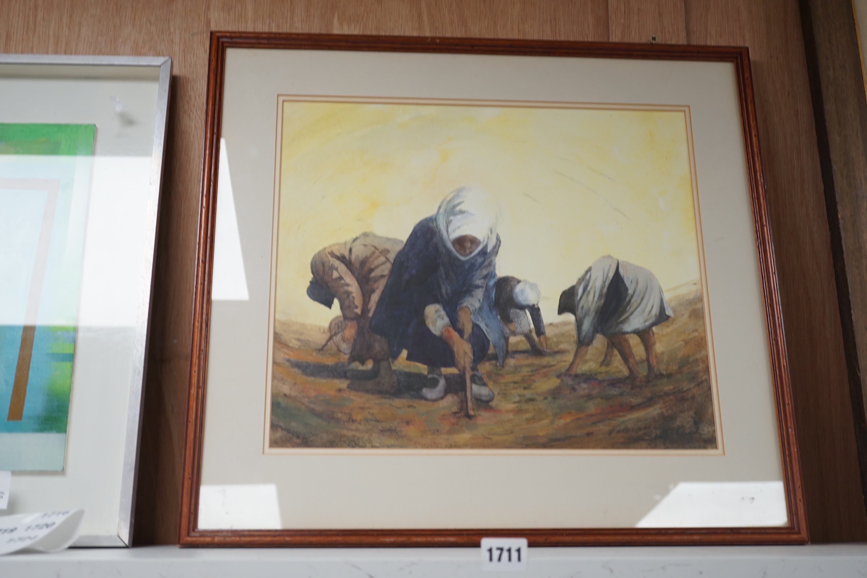 Valerie Shepherd (20th. C) monotype and watercolour, 'The Peanut Gatherers, Cyprus', signed, 33 x 39cm